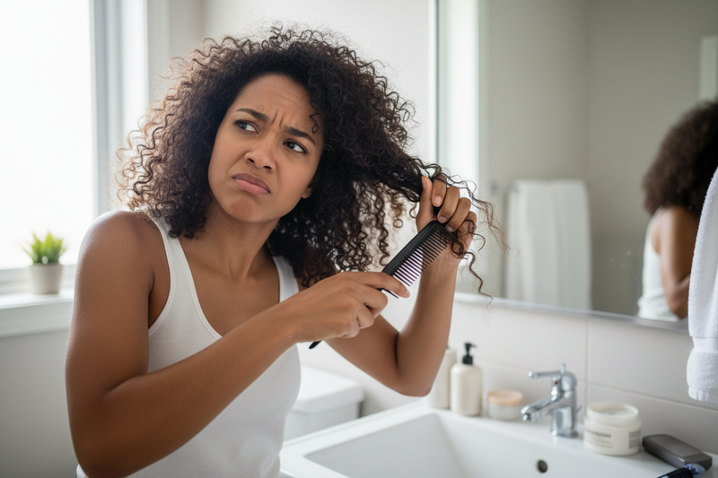 génère moi une image d'une femme métisse qui a de la difficulté à se démêler les cheveux bouclés, elle est découragée, elle est dans sa salle de bain